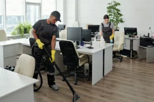 Professional team providing commercial cleaning services in an office environment